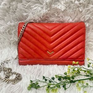 Botkier Coral Orange Chevron‎ Quilted Leather Flap Chain Crossbody Clutch bag